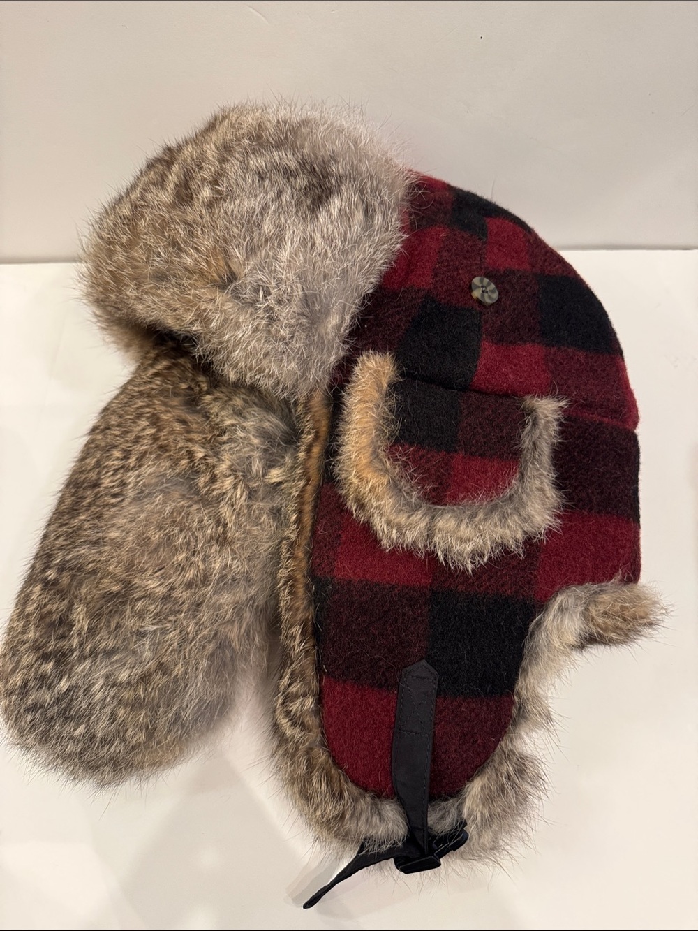 Mad Bomber wool Plaid Trapper Hat with  real rabbit Fur Trim - Red/Black